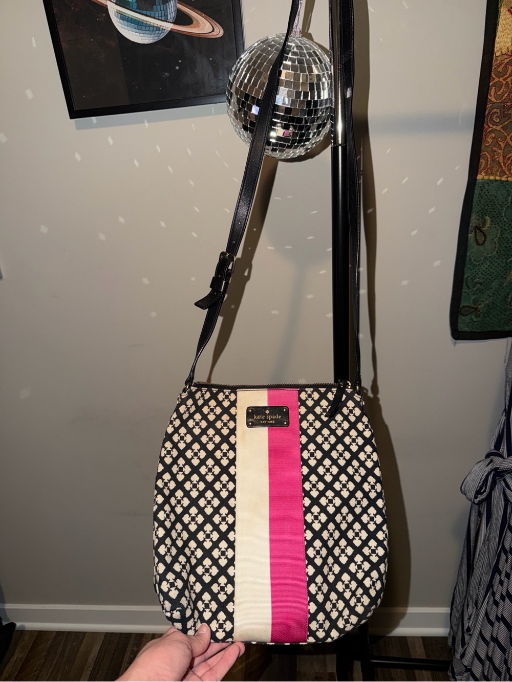 kate spade Black Printed Crossbody with Pink and Cream Center Stripe